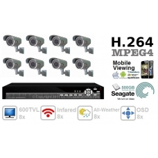 600TVL 8 ch channel CCTV Camera DVR Security System Kit Inc H.264 Network Mobile Access DVR and All-Weather 6-15mm IR 40M Bullet Bracket Camera 500GB HDD